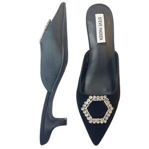 NWT Steve Madden Kees Black Satin Rhinestone Buckle Kitten Heel Mule Size 8.5